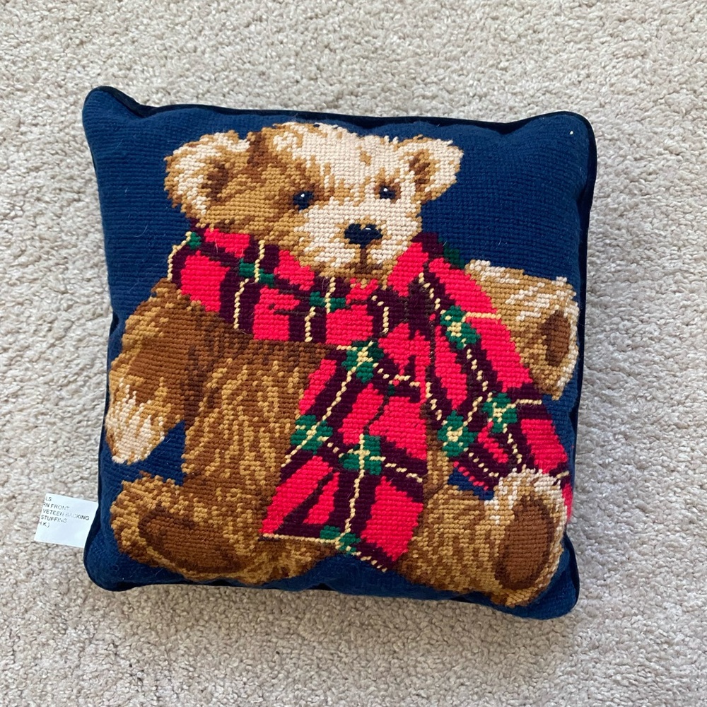 Teddy Bear Holiday Pillow with Red Scarf
